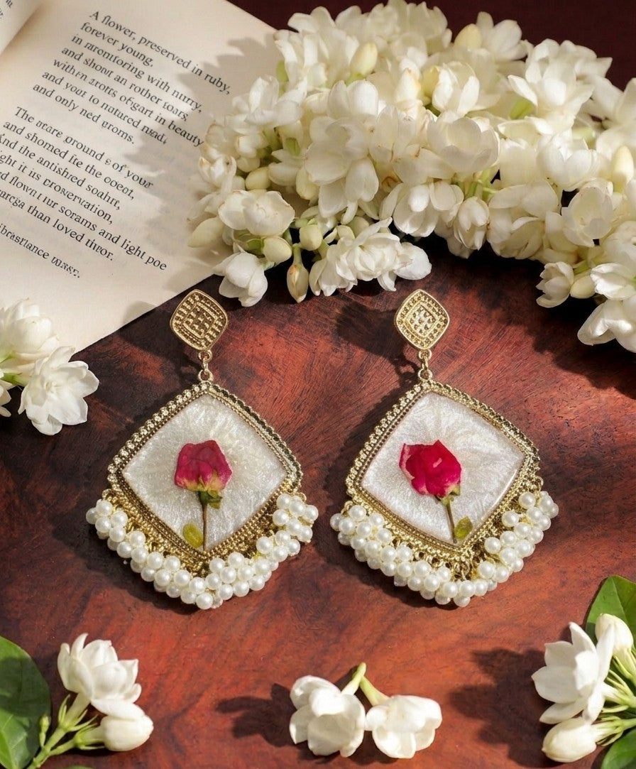 Rangrez Handcrafted Pressed Rose Pearl Statement Earrings